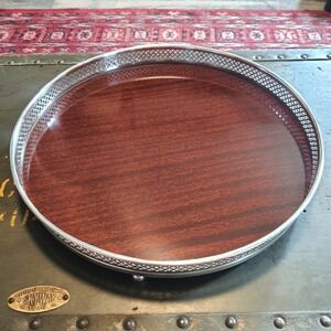 Vintage Formica Woodgrain Ornate Silverplate Surround 12" Footed Tray Platter